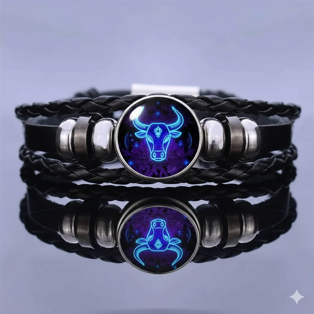 Zodiac Constellation Braided Design Black Leather Bracelet Adjustable