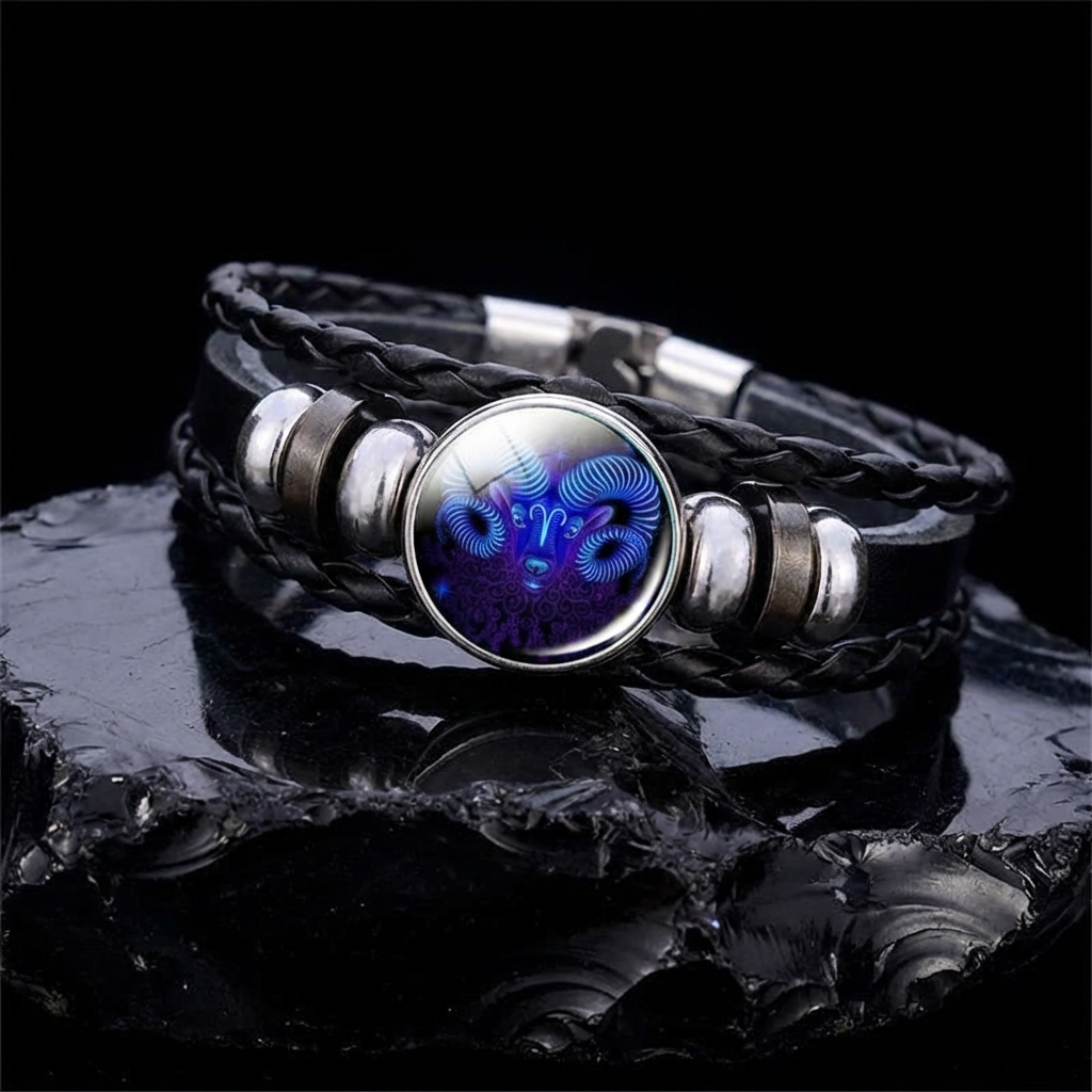Zodiac Constellation Braided Design Black Leather Bracelet Adjustable