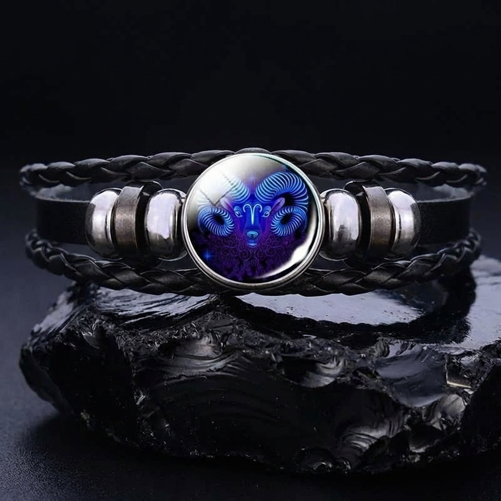 Zodiac Constellation Braided Design Black Leather Bracelet Adjustable