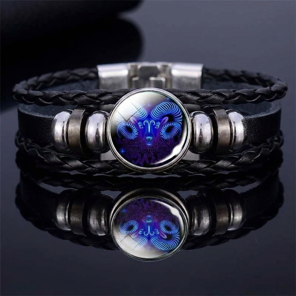 Zodiac Constellation Braided Design Black Leather Bracelet Adjustable