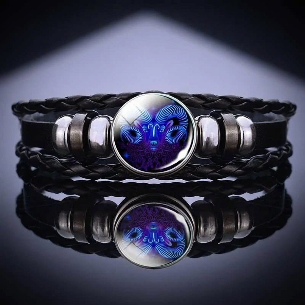 Zodiac Constellation Braided Design Black Leather Bracelet Adjustable